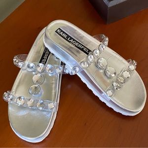 Karl Lagerfeld rhinestone, metallic sandals